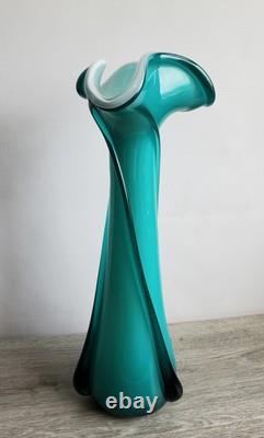 Vintage Empoli Cristalleria Fratelli Betti Teal White Cased 15 Art Glass Vase