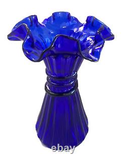 Vintage Fenton Cobalt Blue Wheat Glass Vase with Ruffled Edge 7-1/2 Tall