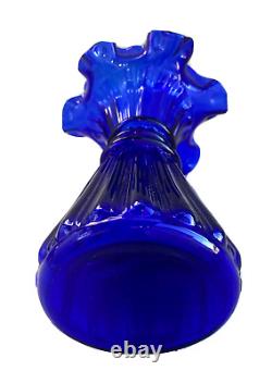 Vintage Fenton Cobalt Blue Wheat Glass Vase with Ruffled Edge 7-1/2 Tall