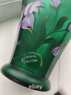 Vintage Fenton USA Signed Emerald Green Hand painted Iridescent Art Glass Vase