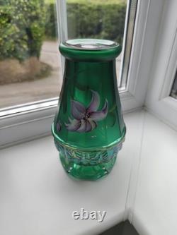 Vintage Fenton USA Signed Emerald Green Hand painted Iridescent Art Glass Vase