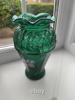 Vintage Fenton USA Signed Emerald Green Hand painted Iridescent Art Glass Vase