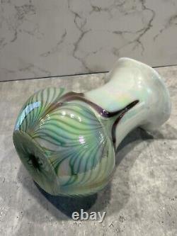 Vintage Fenton art glass pulled feather vase green purple iridescent white