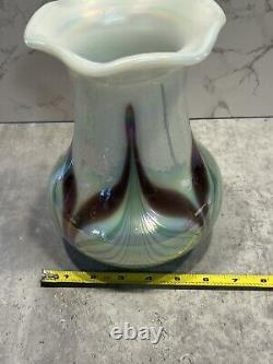 Vintage Fenton art glass pulled feather vase green purple iridescent white