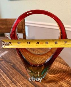 Vintage Ferro & Lazzarini Murano Sommerso Art Glass Basket Vase Italy 12