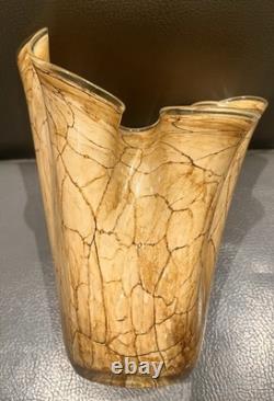 Vintage Glass Handkerchief Vase 10 Tall Large Crackle Marble Pattern Hand blown