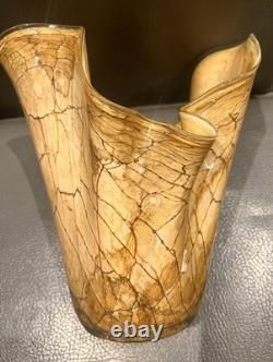 Vintage Glass Handkerchief Vase 10 Tall Large Crackle Marble Pattern Hand blown