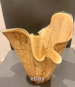 Vintage Glass Handkerchief Vase 10 Tall Large Crackle Marble Pattern Hand blown