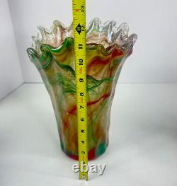 Vintage Green And Red Swirl 11 Art Glass Ruffle Vase, Unique And Rare