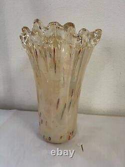 Vintage Hand Blown Art Glass Vase Amber Ivory Brown 15 inch