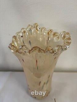 Vintage Hand Blown Art Glass Vase Amber Ivory Brown 15 inch