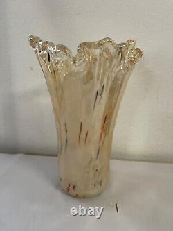 Vintage Hand Blown Art Glass Vase Amber Ivory Brown 15 inch