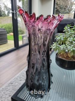 Vintage Hand Blown Murano Amethyst Ruffled Flame Rim Art Glass Vase 17 inches