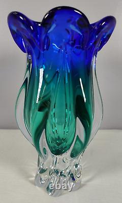 Vintage Hand Blown Murano Sommerso Art Glass Vase Blue Green Clear Excellent