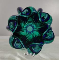 Vintage Hand Blown Murano Sommerso Art Glass Vase Blue Green Clear Excellent