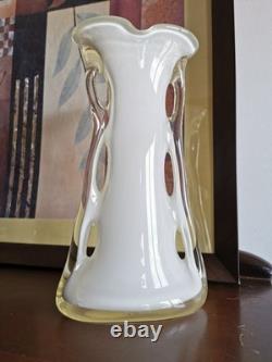 Vintage Hand Blown Polish Art Glass Shark Fin Vase Frosted White Glass 12