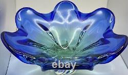 Vintage Hand blown Blue and Green Studio Art Glass Bowl Ruffled Edge