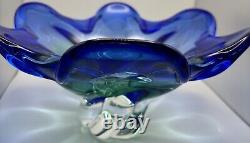 Vintage Hand blown Blue and Green Studio Art Glass Bowl Ruffled Edge