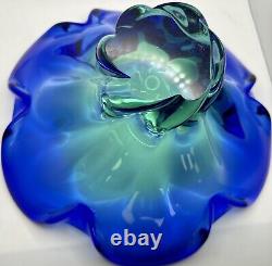 Vintage Hand blown Blue and Green Studio Art Glass Bowl Ruffled Edge