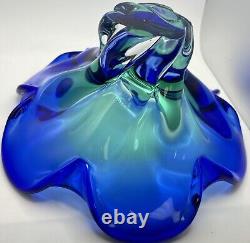 Vintage Hand blown Blue and Green Studio Art Glass Bowl Ruffled Edge