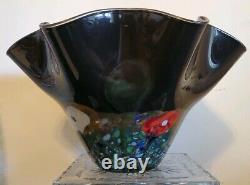 Vintage Handblown Art Glass Fluted Vase Black Poppies Murano -Giletti 16 x 10