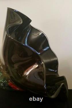 Vintage Handblown Art Glass Fluted Vase Black Poppies Murano -Giletti 16 x 10