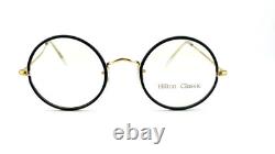 Vintage Hilton Classic 2 Black Gold Round Glasses Frame 49mm NOS 14kt R. Gold