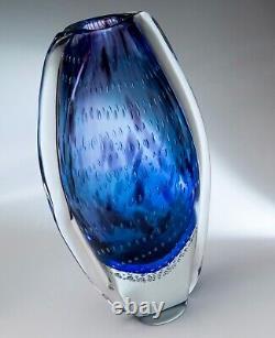 Vintage Italian Style Controlled Bubble Art Glass Vase, 32cm Heavy 3.8kg Blue