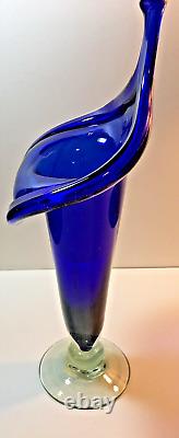 Vintage Jack-In-The-Pulpit Cobalt Blue Hand-Blown Glass Vase 16 Vivid & Heavy