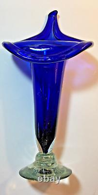 Vintage Jack-In-The-Pulpit Cobalt Blue Hand-Blown Glass Vase 16 Vivid & Heavy