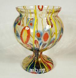 Vintage Kralik Bohemian Czech Art Glass Vase Lines Canes Vaseline Czechoslovakia