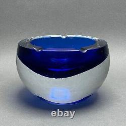 Vintage Krosno Poland Clear Cased Cobalt Crystal Art Glass Ball Ashtray/Catchall