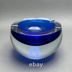 Vintage Krosno Poland Clear Cased Cobalt Crystal Art Glass Ball Ashtray/Catchall