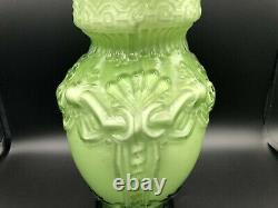 Vintage Large Hand Blown Art Glass Victorian Green & White Ruffled Vase, 12 T