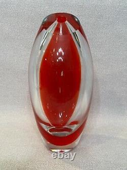 Vintage Large & Heavy Murano Art Glass Red & Clear Vase, 12 Tall, 6 Widest