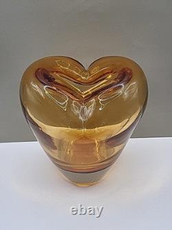 Vintage Large Murano Art Glass Heart Vase Hand Blown Amber 17cm Tall 16cm Wide