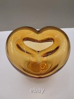 Vintage Large Murano Art Glass Heart Vase Hand Blown Amber 17cm Tall 16cm Wide