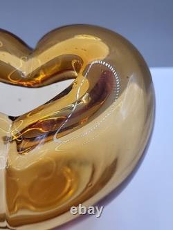 Vintage Large Murano Art Glass Heart Vase Hand Blown Amber 17cm Tall 16cm Wide