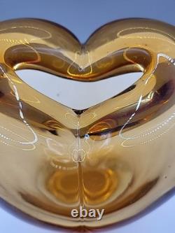 Vintage Large Murano Art Glass Heart Vase Hand Blown Amber 17cm Tall 16cm Wide