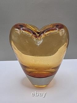 Vintage Large Murano Art Glass Heart Vase Hand Blown Amber 17cm Tall 16cm Wide