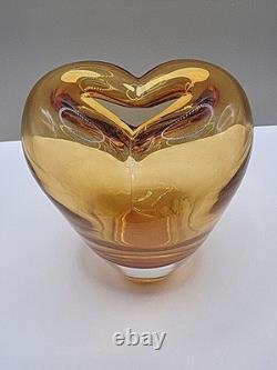 Vintage Large Murano Art Glass Heart Vase Hand Blown Amber 17cm Tall 16cm Wide