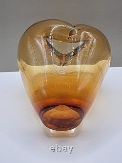 Vintage Large Murano Art Glass Heart Vase Hand Blown Amber 17cm Tall 16cm Wide