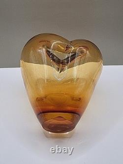 Vintage Large Murano Art Glass Heart Vase Hand Blown Amber 17cm Tall 16cm Wide