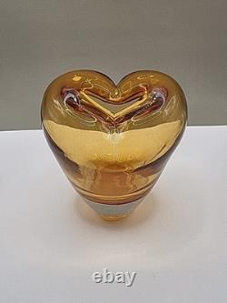 Vintage Large Murano Art Glass Heart Vase Hand Blown Amber 17cm Tall 16cm Wide