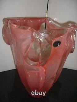 Vintage Large Murano Pink Swirled Art Glass Vase Labeled
