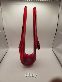 Vintage MCM Viartec Style Art Glass Basket Vase 13.5 Red Orange Cadmium Glow