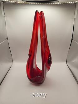 Vintage MCM Viartec Style Art Glass Basket Vase 13.5 Red Orange Cadmium Glow