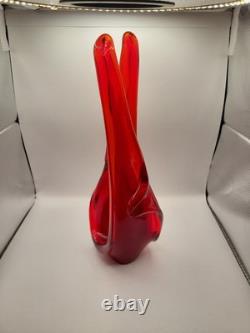 Vintage MCM Viartec Style Art Glass Basket Vase 13.5 Red Orange Cadmium Glow