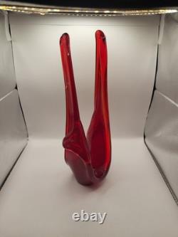 Vintage MCM Viartec Style Art Glass Basket Vase 13.5 Red Orange Cadmium Glow