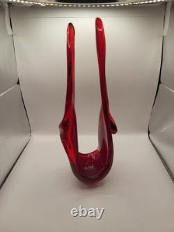 Vintage MCM Viartec Style Art Glass Basket Vase 13.5 Red Orange Cadmium Glow
